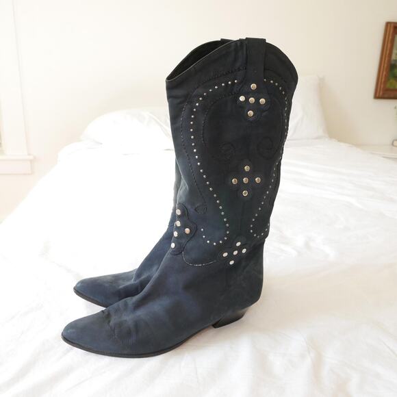 vintage cowboy boot Italian made navy suede leather studded embroidered - Picture 9 of 10